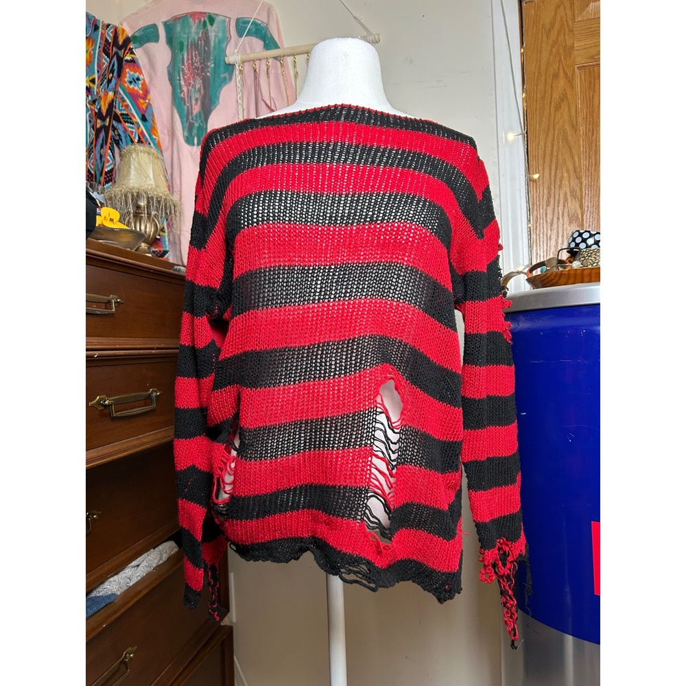 SHEIN Red Black Striped Distressed Loose Knit Punk Grunge Sweater Womens Small - Picture 2 of 6